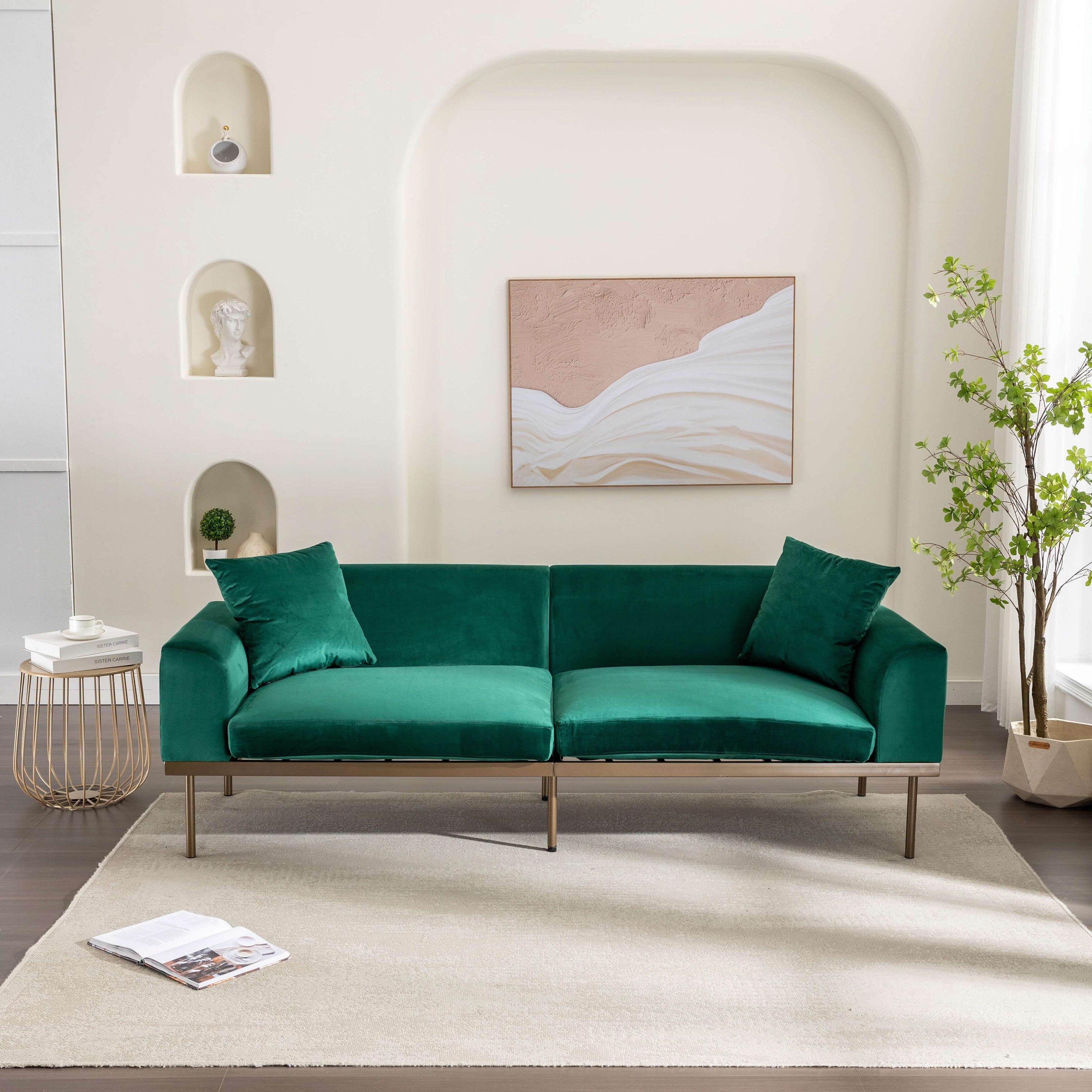Green Velvet Loveseat Sofa with Two Pillows K93879