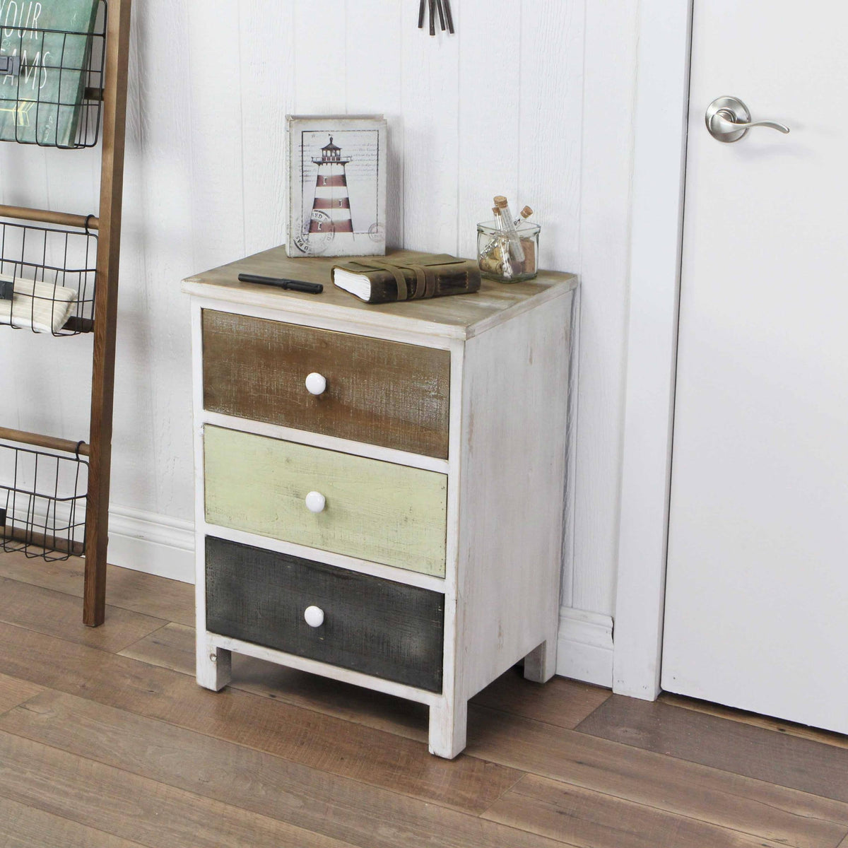 Distressed Gray and White Side Cabinet with 3 Drawers H363