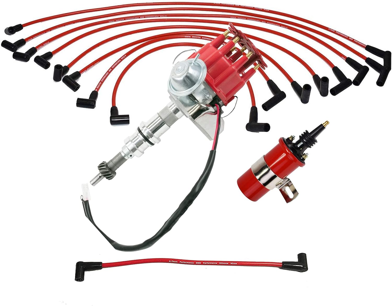 Red Cap Distributor with 8.0mm Spark Plug Wires and Canister Coil L480306