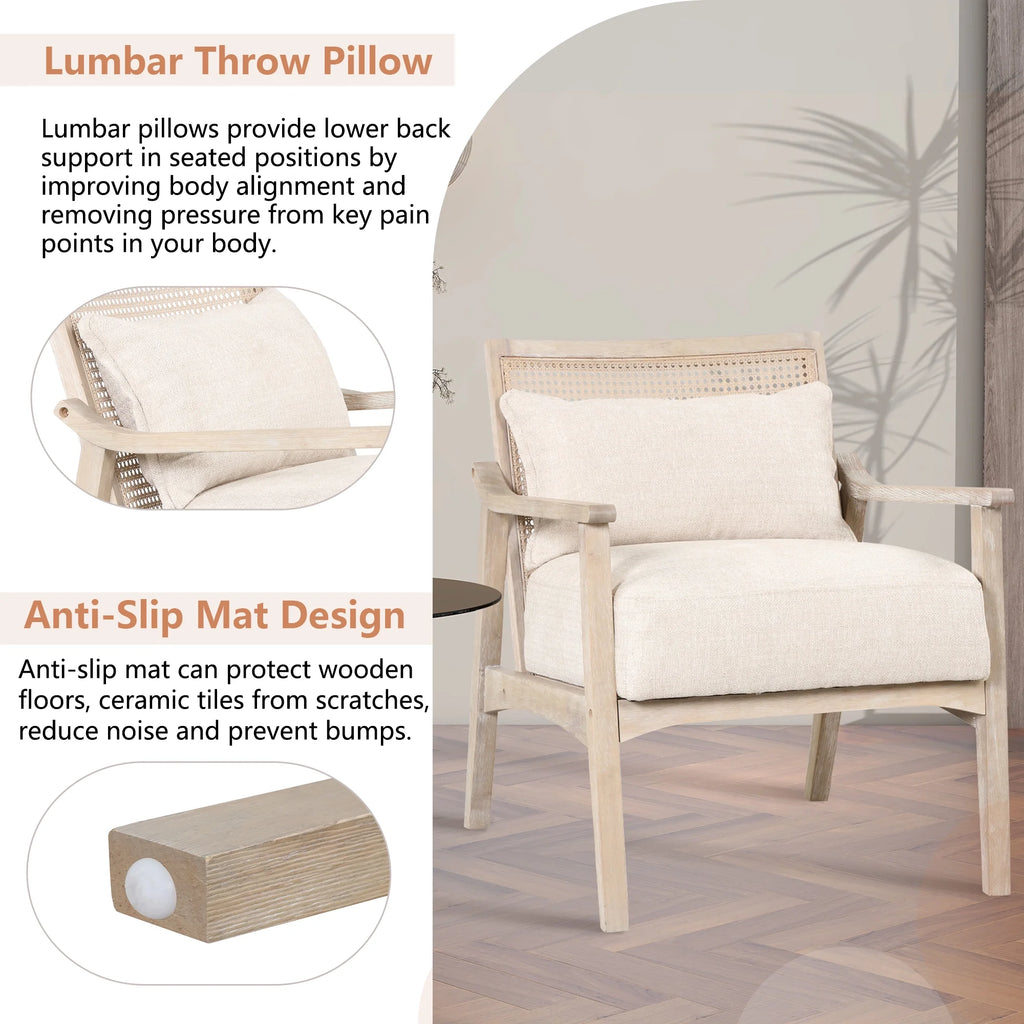Mid-Century Accent Chair with Lumbar Pillow, Rattan Back Upholstered Chair R354167