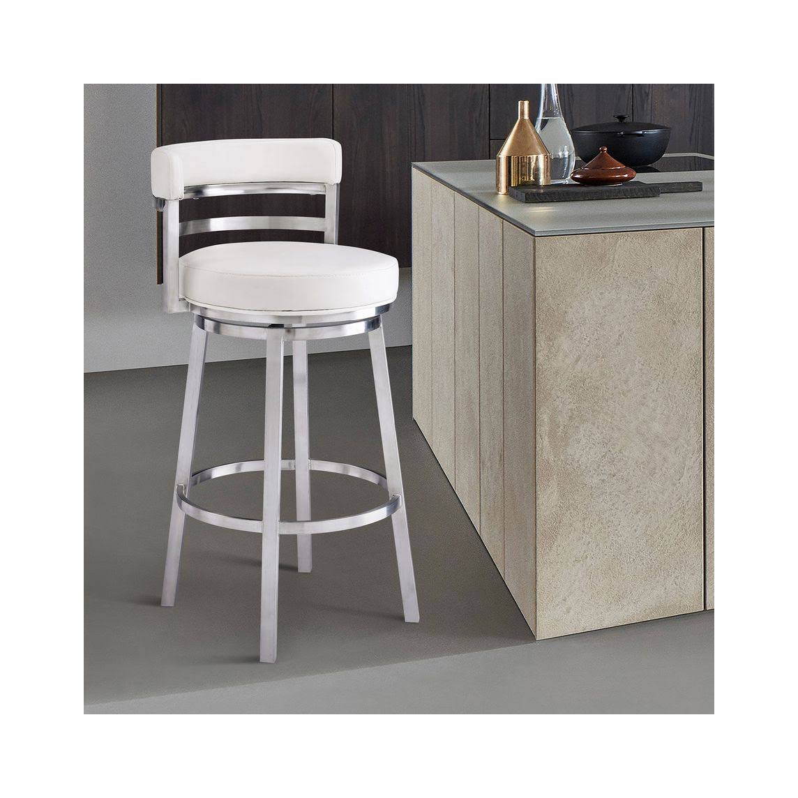 26 in. Contemporary Counter Height Barstool Brushed Stainless Steel Finish White Faux Leather M531