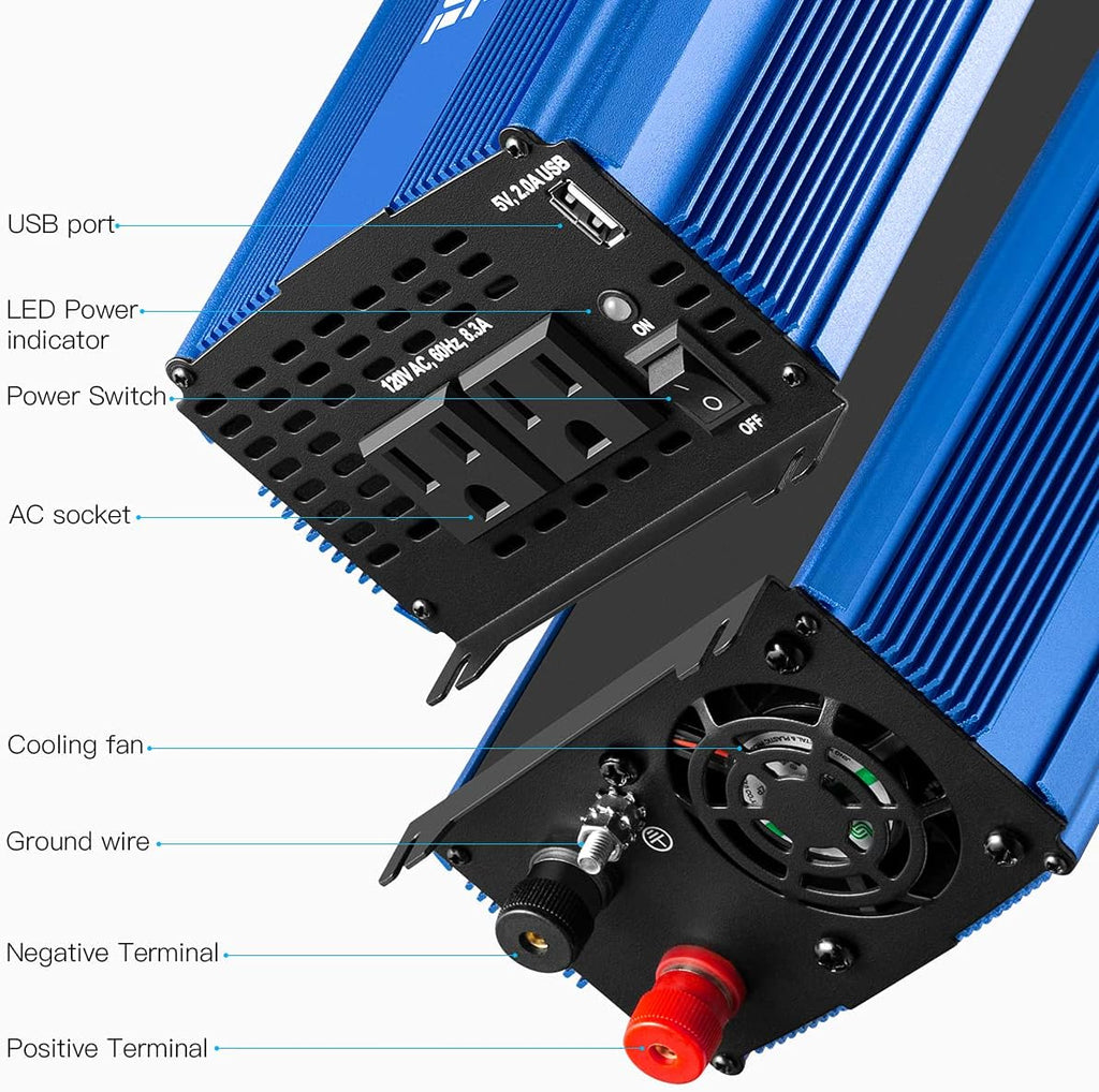 1500W Pure Sine Wave Power Inverter 12V DC to 110V AC Car Inverter with Bluetooth 2AC Outlets USB Port L515