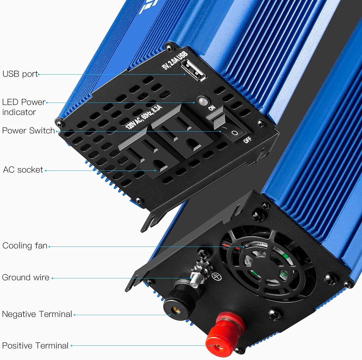 1500W Pure Sine Wave Power Inverter 12V DC to 110V AC Car Inverter with Bluetooth 2AC Outlets USB Port L515