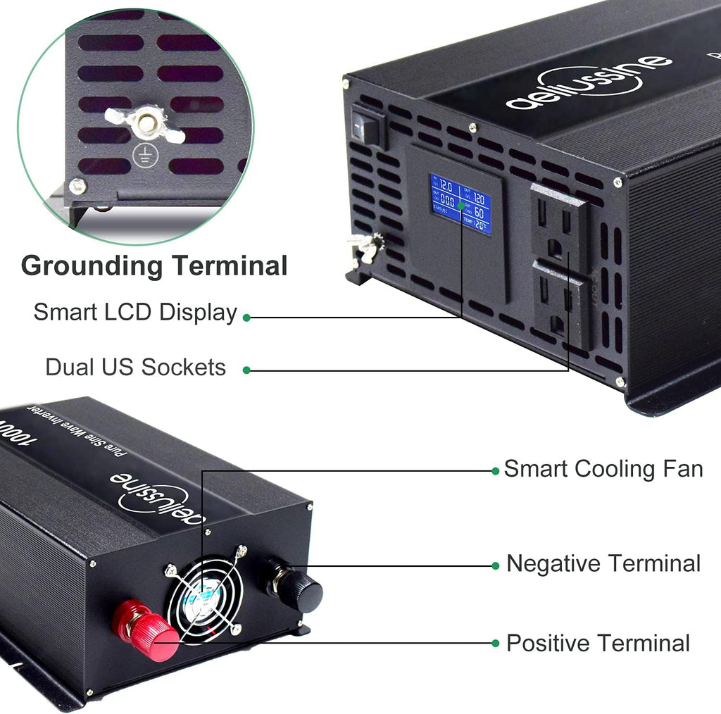 1000w Pure Sine Wave Power Inverter 48v DC to AC 110v 120v with 2 US Socket, LCD Display and Earth Terminal P85713