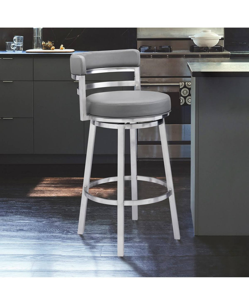 26 in. Contemporary Counter Height Barstool Brushed Stainless Steel Finish White Faux Leather M531
