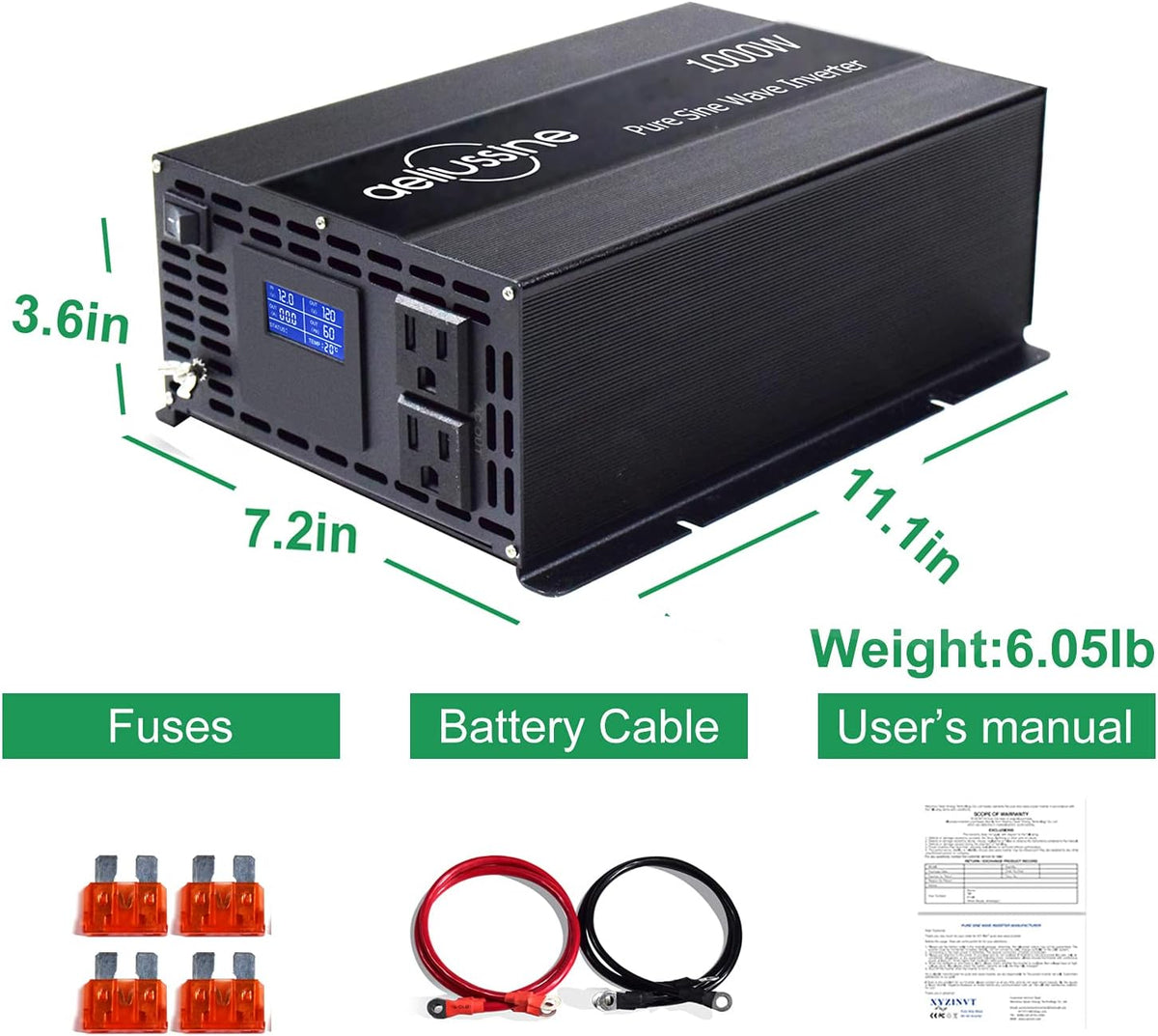 1000w Pure Sine Wave Power Inverter 48v DC to AC 110v 120v with 2 US Socket, LCD Display and Earth Terminal P85713