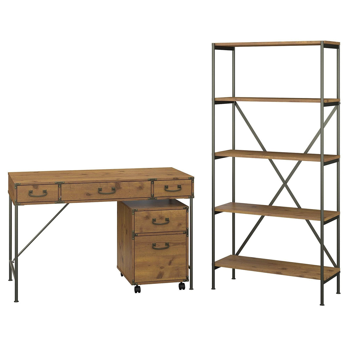 48W Writing Desk with Mobile File Cabinet and 5 Shelf Bookcase, Restored Gray K915