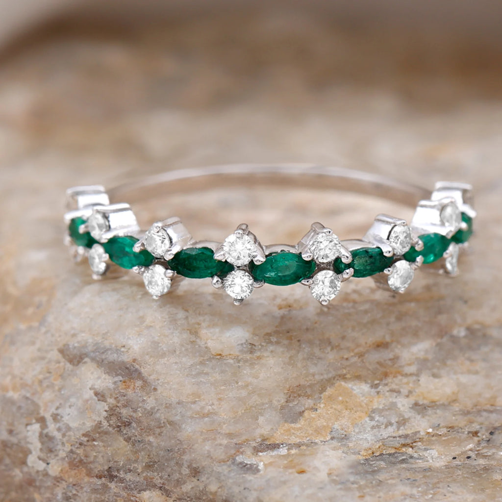 Marquise Emerald Ring with Diamond, 925 Sterling Silver D1284