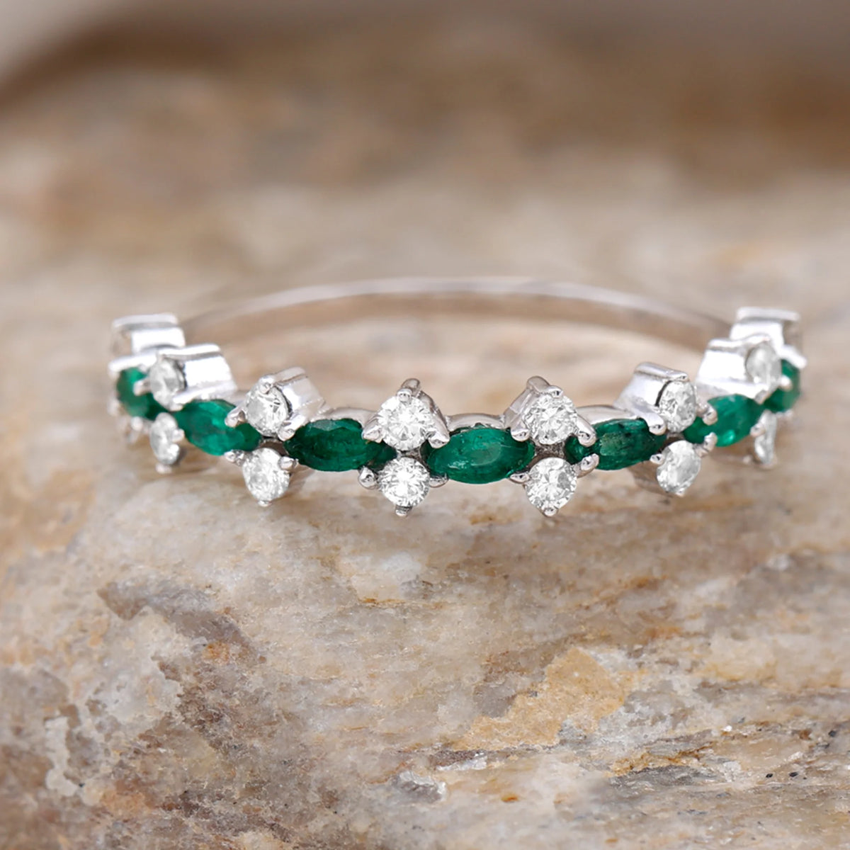 Marquise Emerald Ring with Diamond, 925 Sterling Silver D1284