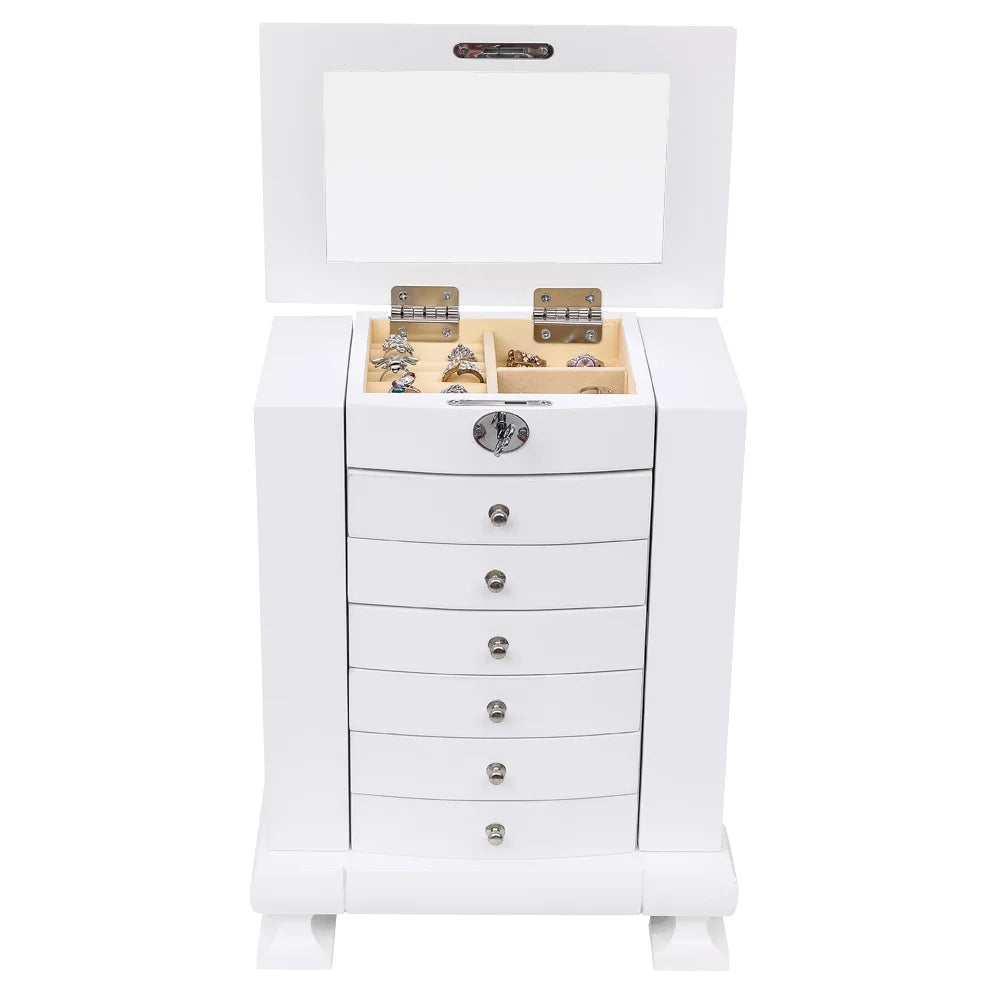 White Wooden 7 Layers Jewelry Box with Lock S256715