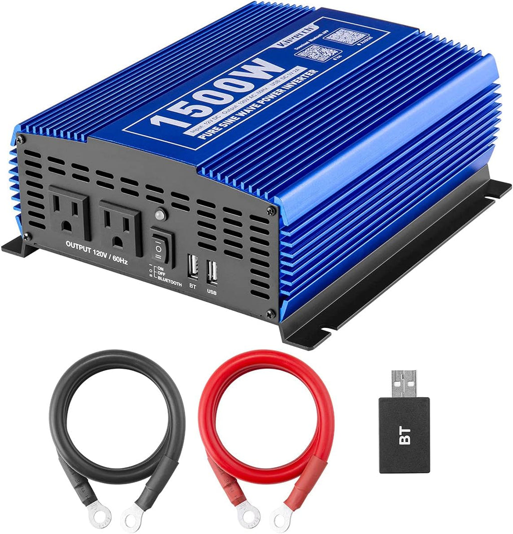 1500W Pure Sine Wave Power Inverter 12V DC to 110V AC Car Inverter with Bluetooth 2AC Outlets USB Port L515
