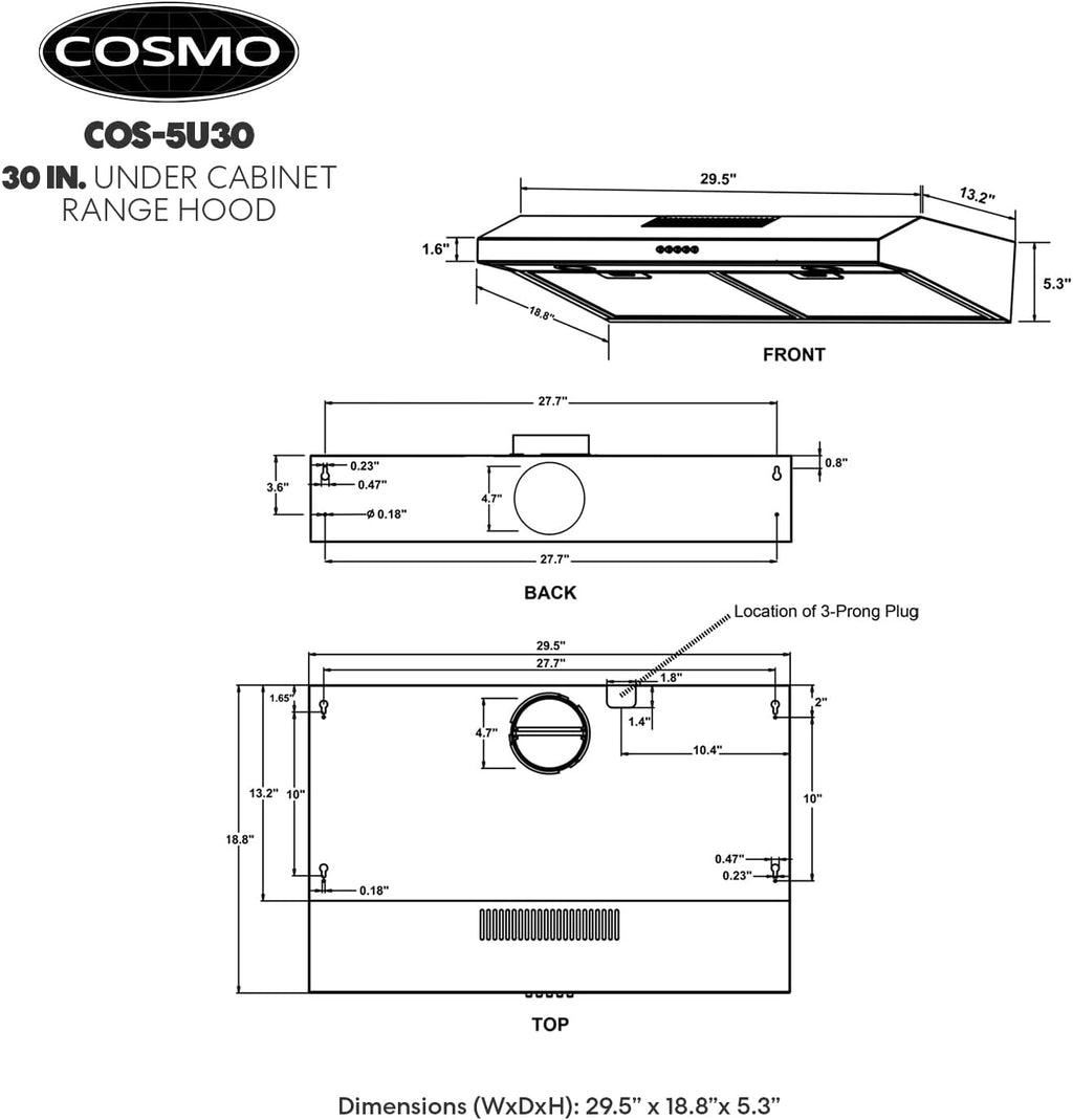 30 in. Under Cabinet Range Hood with Ducted / Ductless Convertible Slim Kitchen Over Stove Vent in Stainless Steel T78959