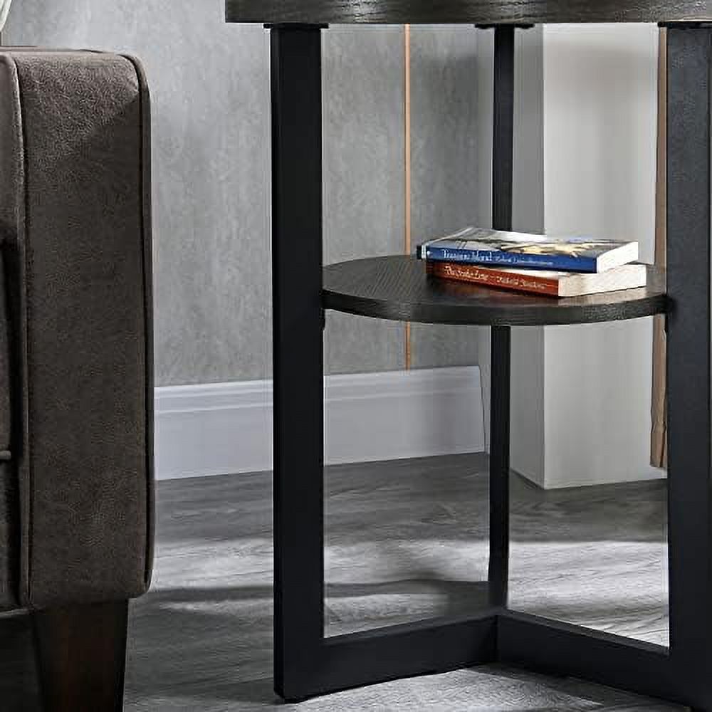 Round End Table Solid Wood 2-Tier Natural Wood Tabletop Black Metal Frame 19.3" D x 24" H G132