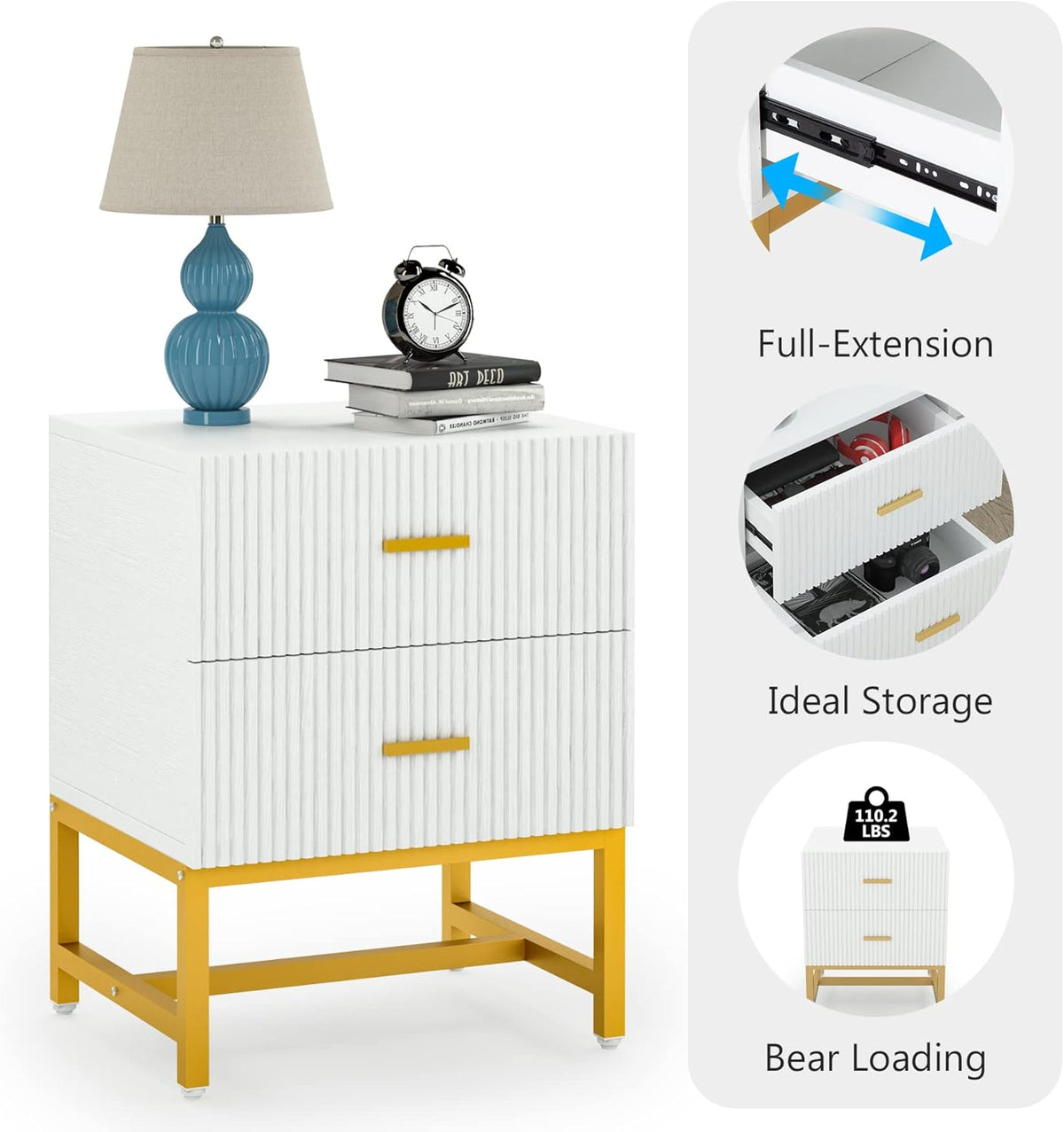 White 2-Drawer Nightstand with Storage Cabinet Metal Frame C14094