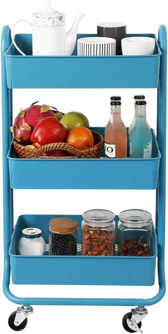 Turquoise 3 Tier Metal Rolling Utility Storage Cart with Wheels Z774