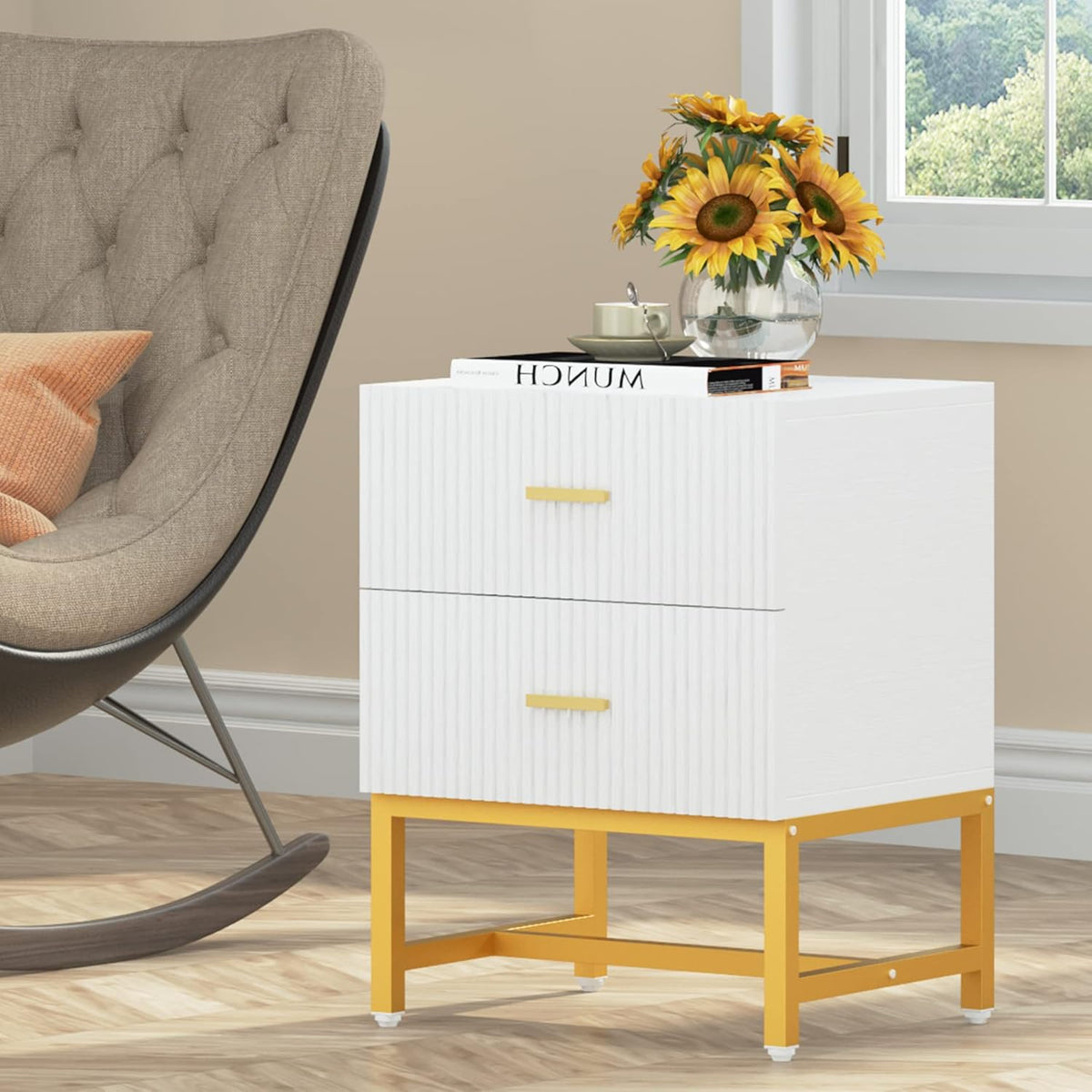White 2-Drawer Nightstand with Storage Cabinet Metal Frame C14094