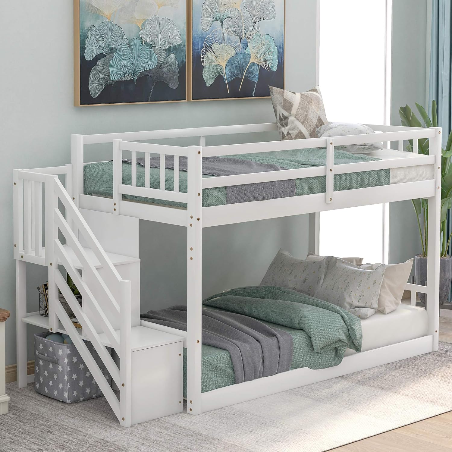 White Twin Metal Bunk Bed with Trundle D9531