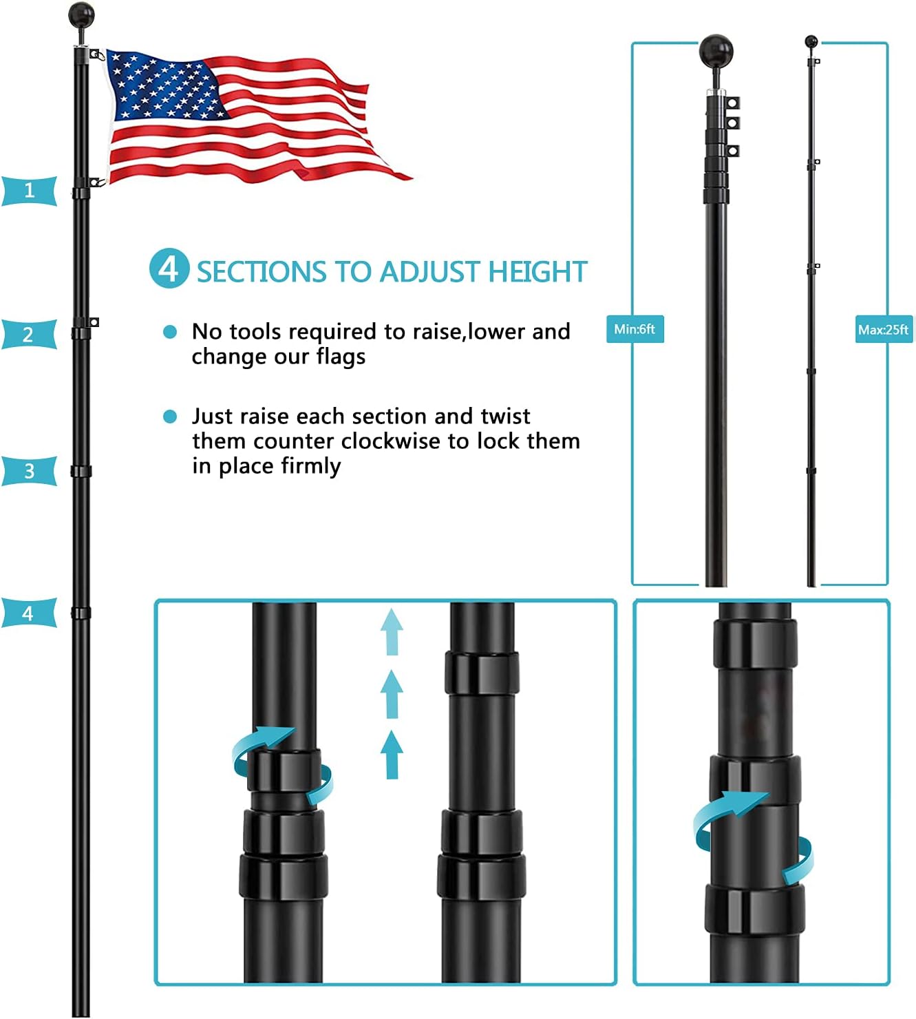 20FT Telescoping Black Flag Pole Kit with 3x5 American Flag R296131