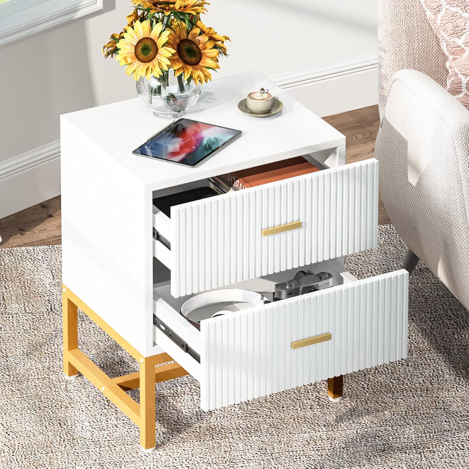 White 2-Drawer Nightstand with Storage Cabinet Metal Frame C14094