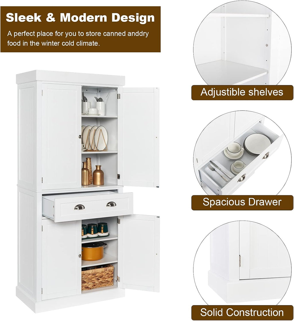 72" Freestanding White Storage Cabinet with Doors and Shelves I72842