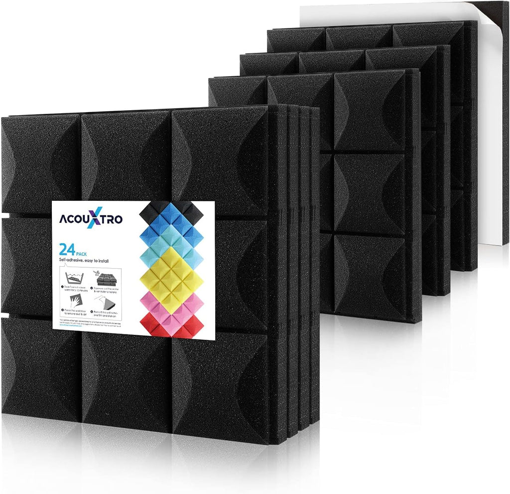 24 Pack Black Acoustic Foam Panels, 12x12x2 inches L8922