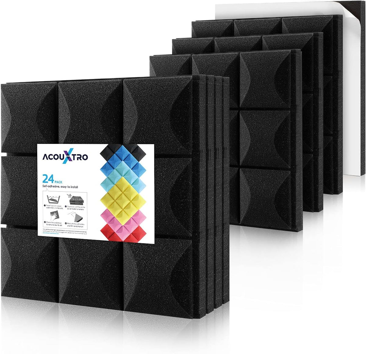 24 Pack Black Acoustic Foam Panels, 12x12x2 inches L8922