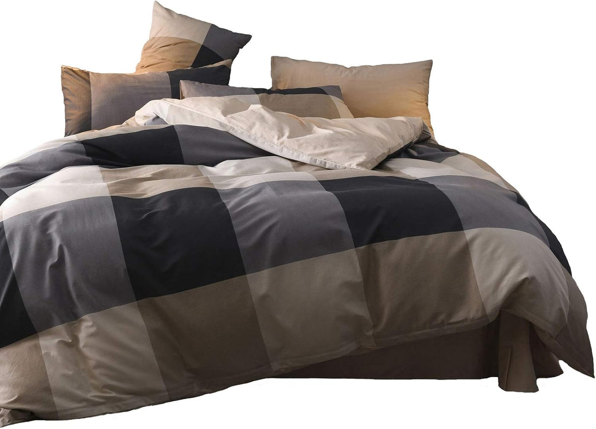 Green Plaid King Duvet Cover 3pcs Bedding Set, 100% Yarn Dyed Washed Cotton L217
