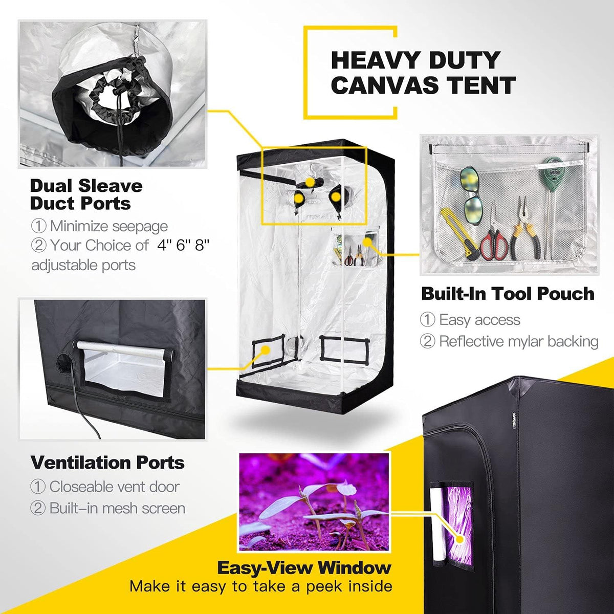 32" x 32" x 63" Grow Tent with Floor Tray, Black Pack of 2 S941