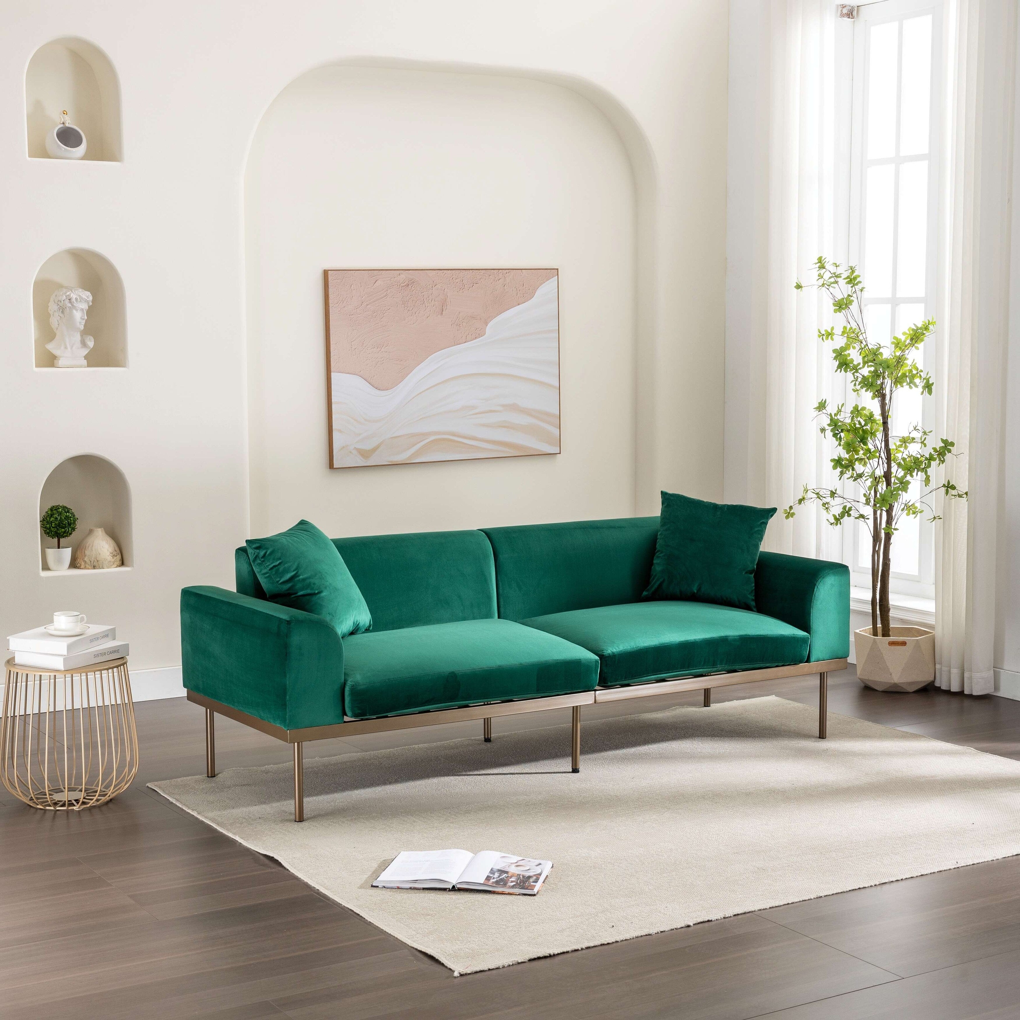 Green Velvet Loveseat Sofa with Two Pillows K93879