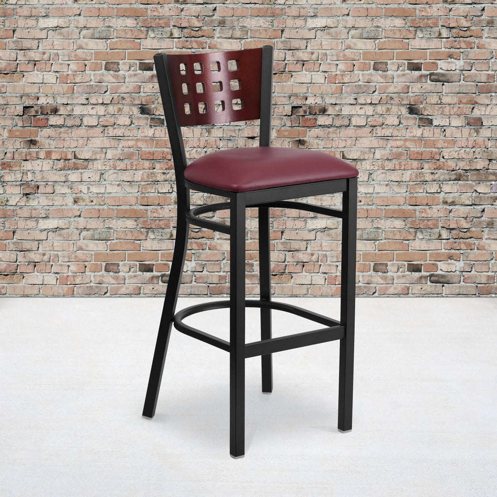 Black Cutout Back Metal Restaurant Barstool with Mahogany Wood Back and Burgundy Vinyl Seat C82438