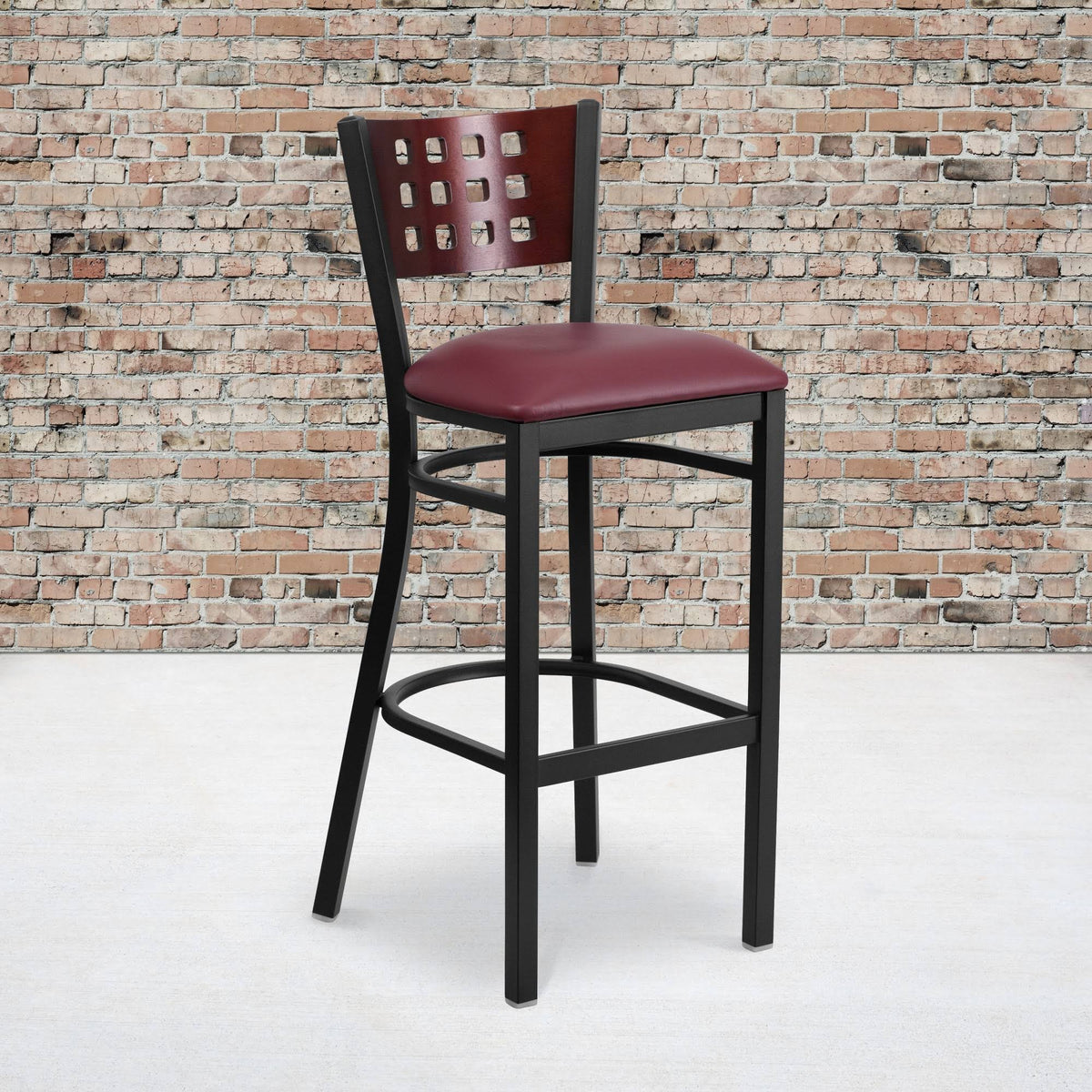 Black Cutout Back Metal Restaurant Barstool with Mahogany Wood Back and Burgundy Vinyl Seat C82438