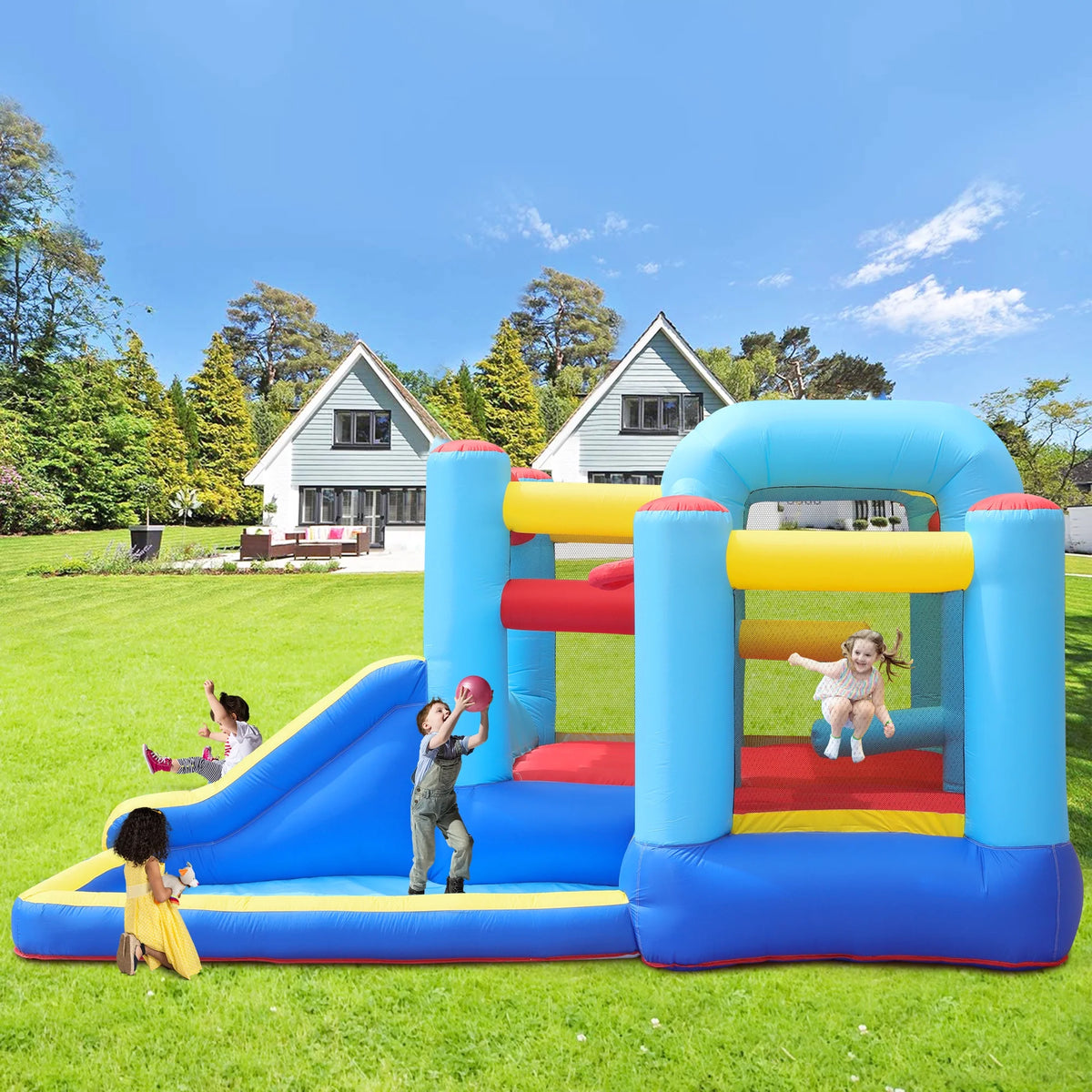 Inflatable Water Slide Bounce House with Splash Pool & Basketball Rim O335570