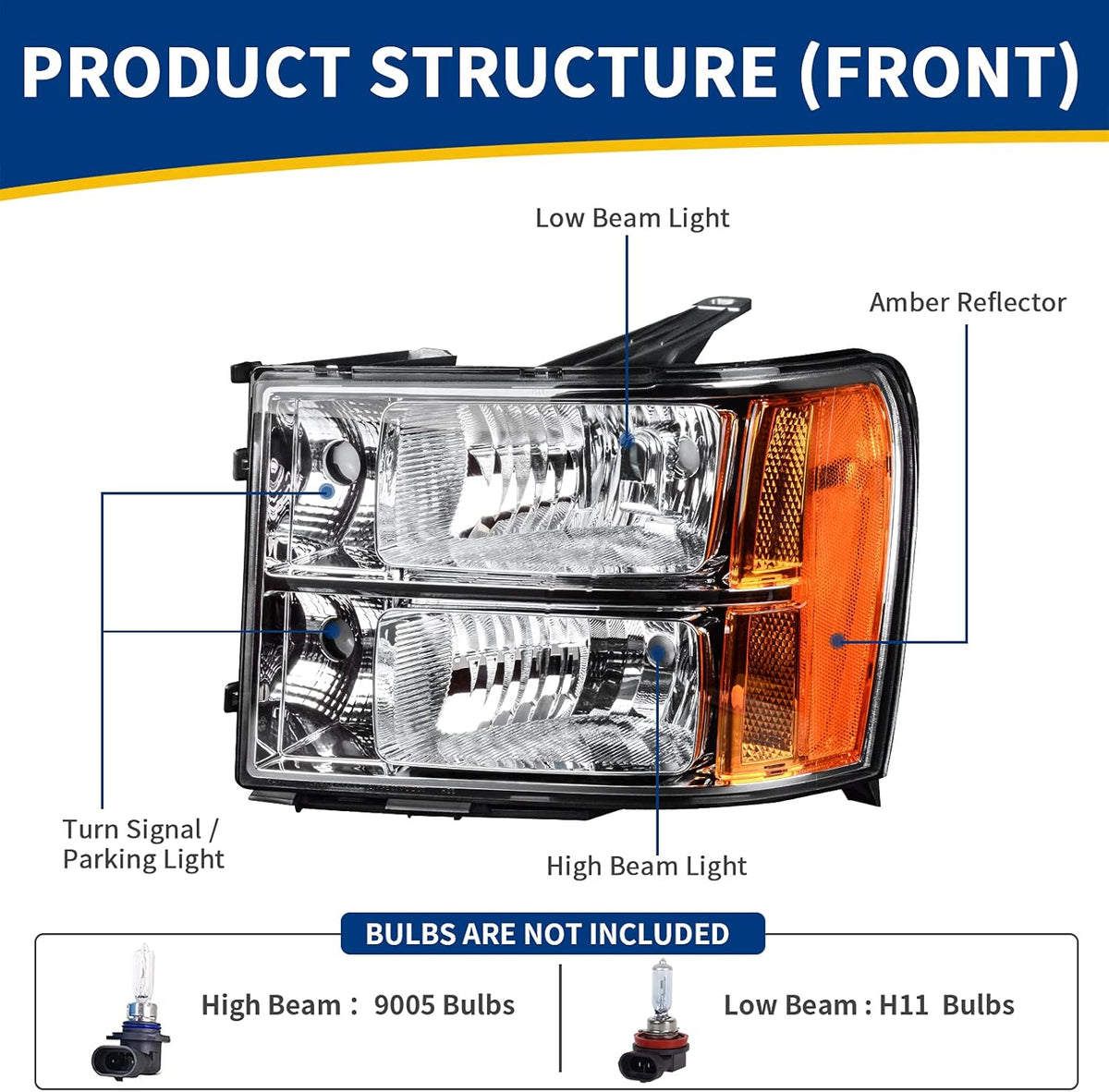 Headlight Assembly Clear Lens Chrome Housing with Amber Reflector V1901