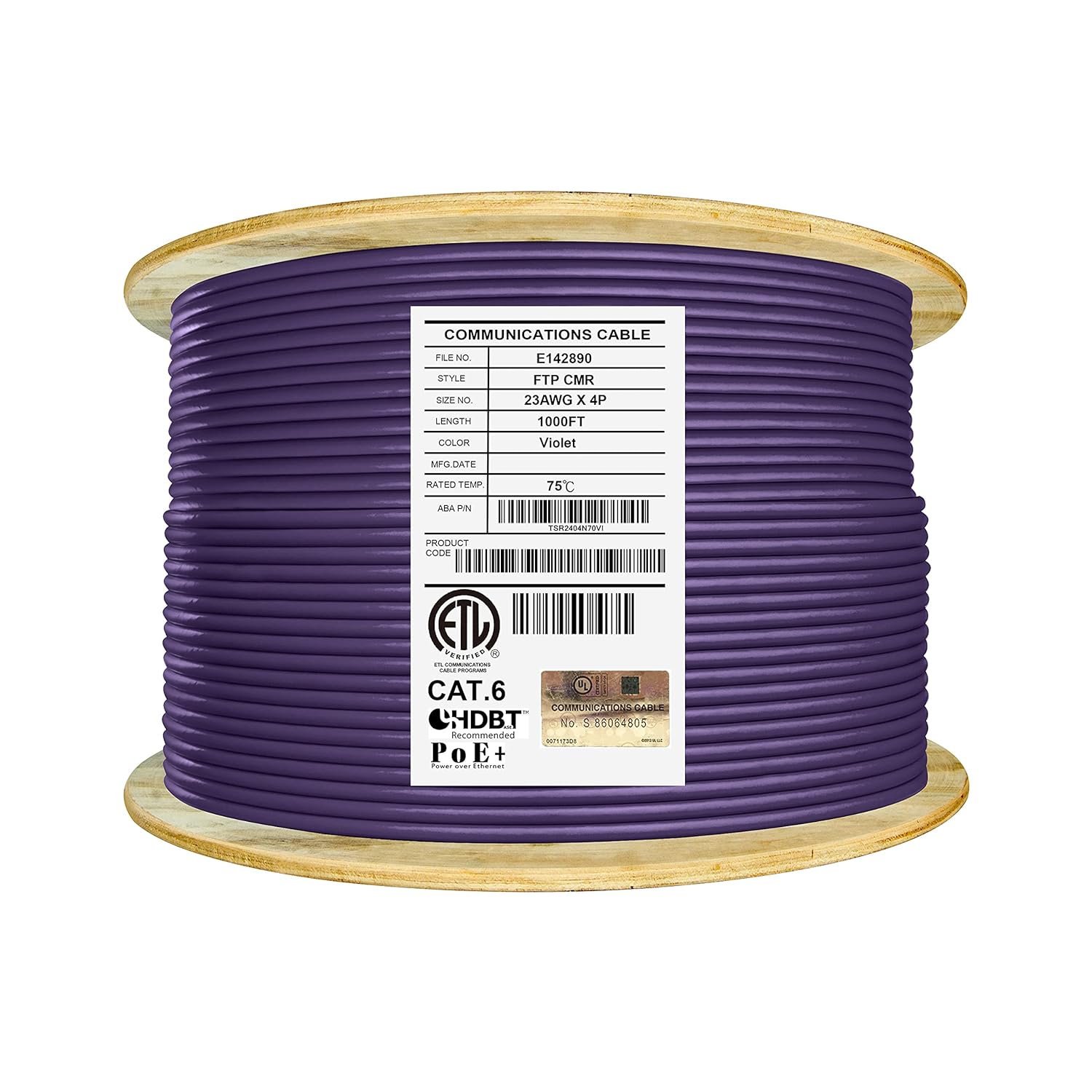 Bulk Ethernet Cable Reel, Cat6 Shielded Riser, 1000ft, F/UTP 23AWG, Solid Bare Copper, Orange W3994