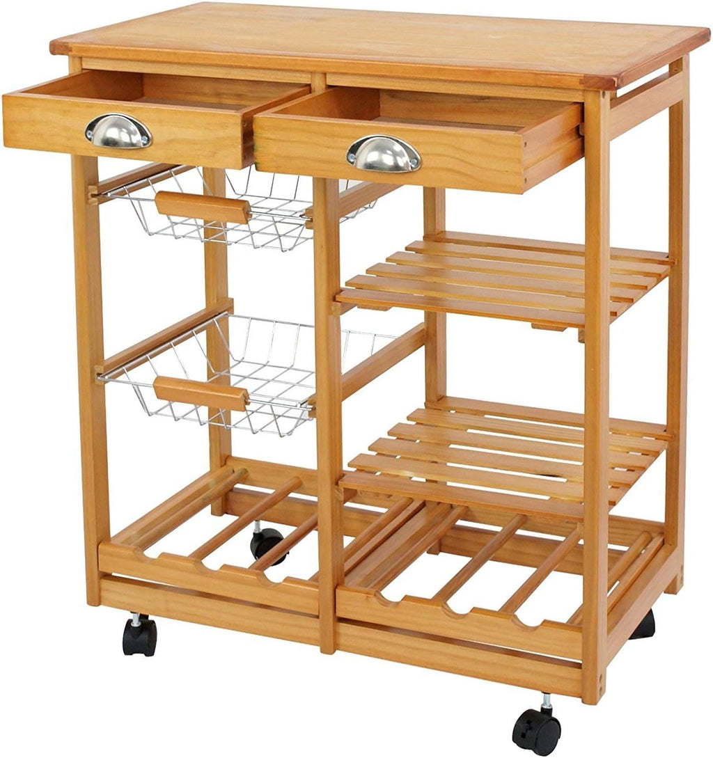 Wood Rolling Kitchen Island Storage Cart with Drawer Shelves Basket Q4035
