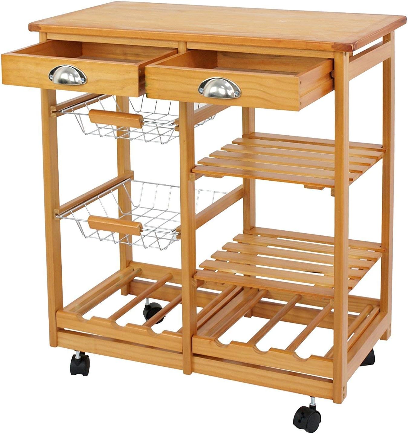 Wood Rolling Kitchen Island Storage Cart with Drawer Shelves Basket Q4035