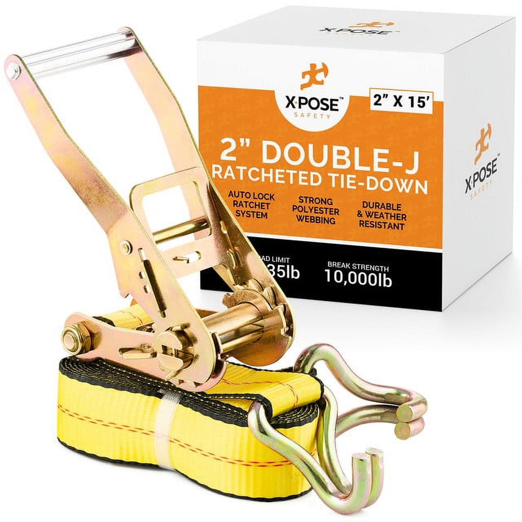 2 Inch x 15 Foot Ratchet Tie Down Straps with Double J Hooks U2621