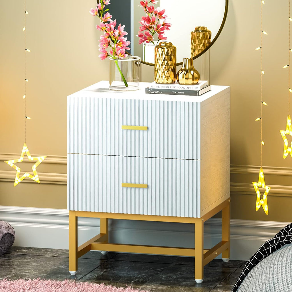 White 2-Drawer Nightstand with Storage Cabinet Metal Frame C14094