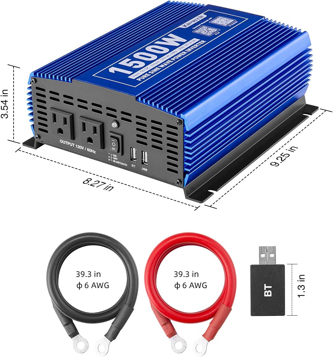 1500W Pure Sine Wave Power Inverter 12V DC to 110V AC Car Inverter with Bluetooth 2AC Outlets USB Port L515