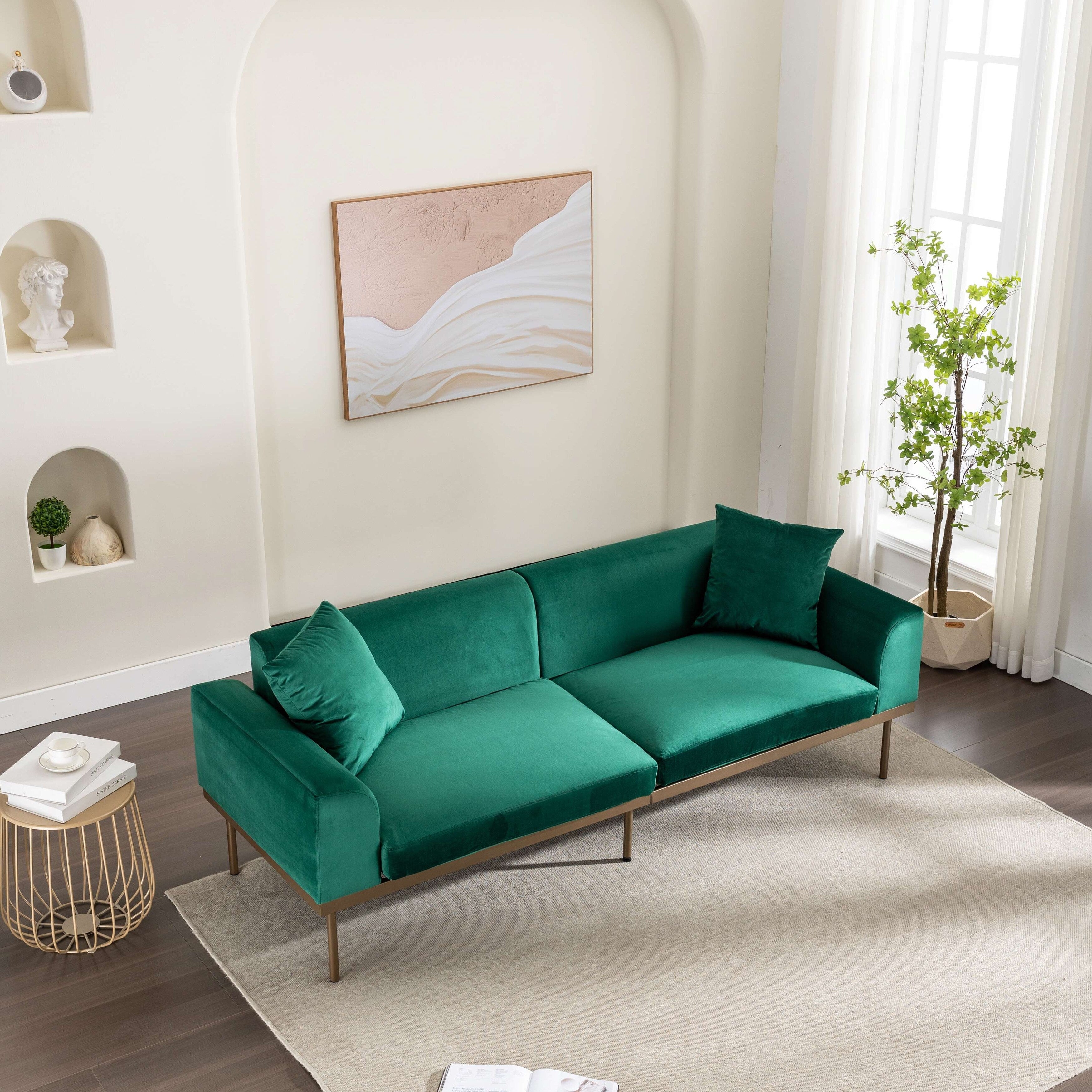 Green Velvet Loveseat Sofa with Two Pillows K93879