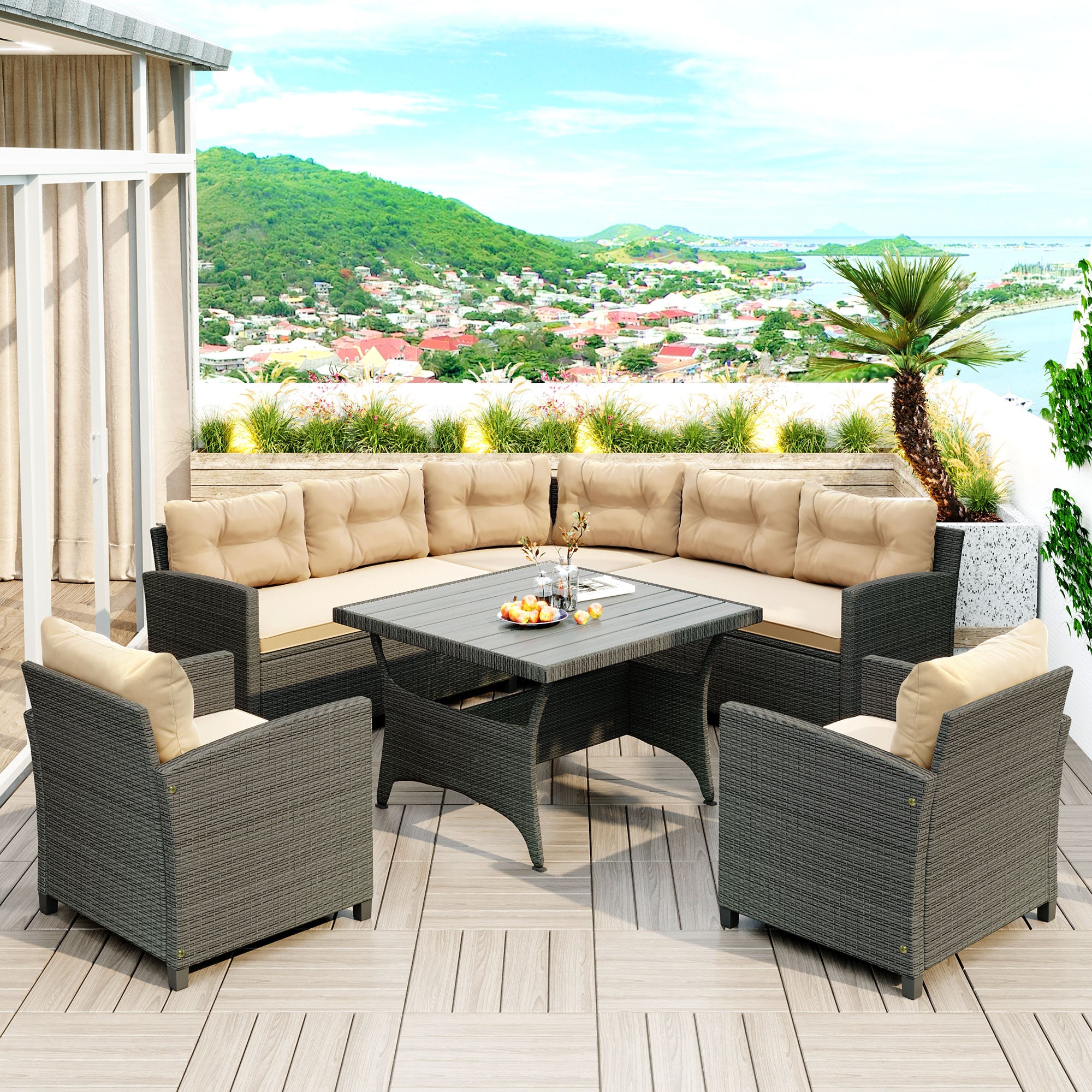 6-Piece Outdoor Wicker Sofa Set with Cushions and Pillows V239122