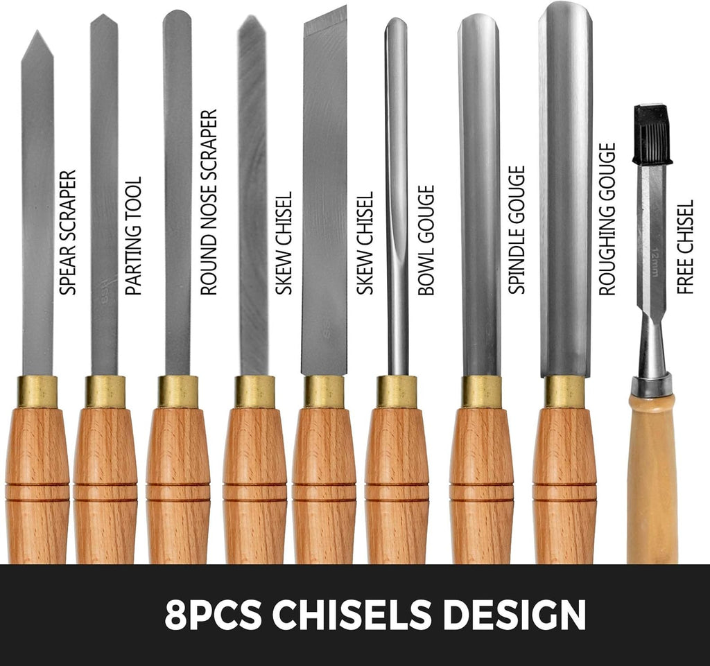 8 Pcs HSS Steel Wood Lathe Chisel Set with Wooden Storage Case D480