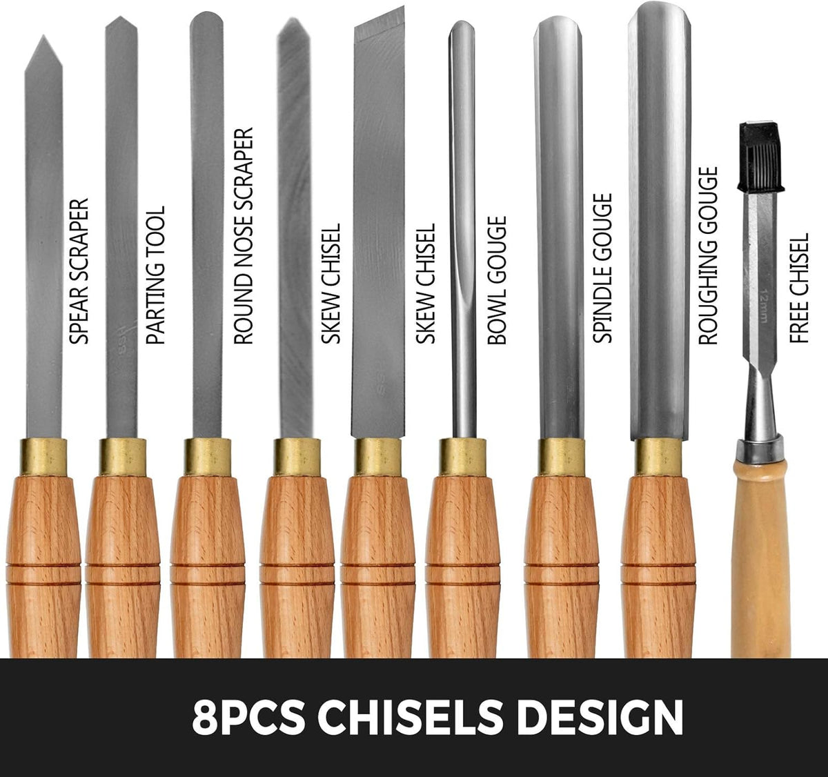 8 Pcs HSS Steel Wood Lathe Chisel Set with Wooden Storage Case D480