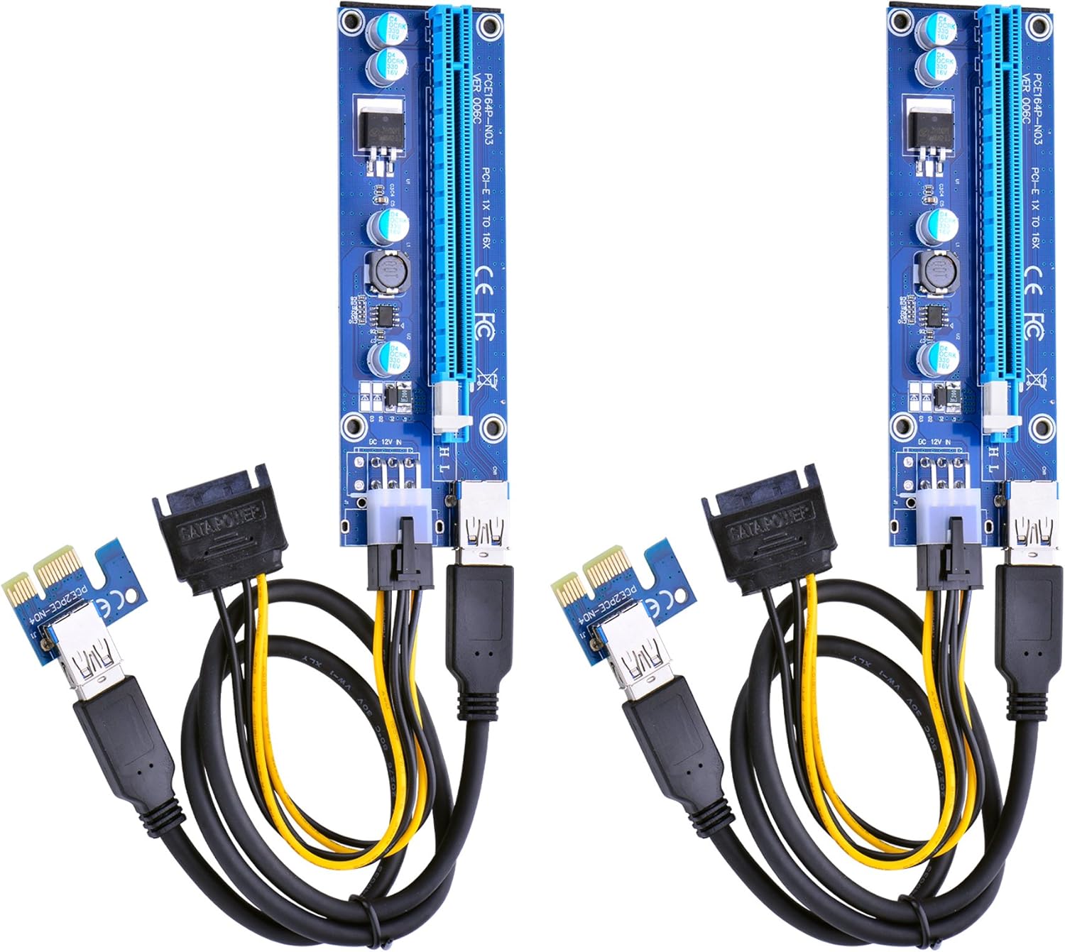 PCI Express 16x to 1x Powered Riser Adapter Card with 60cm USB 3.0 Extension Cable and 6-Pin PCI-E to SATA Power Cable (2 Pack 6 Pin) Q920