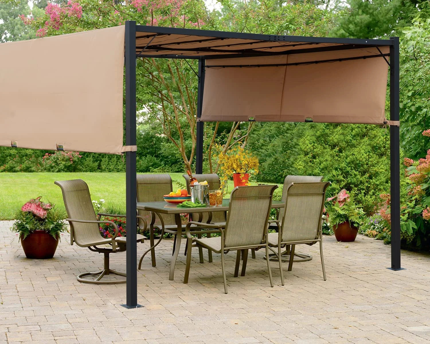 Tan Metal Gazebo Canopy Tent with Sliding Adjustable Canopy N8522
