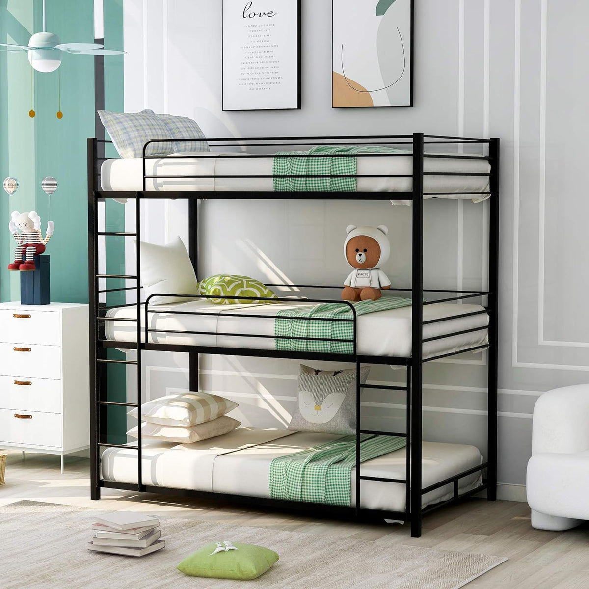 White Twin Metal Bunk Bed with Trundle D9531