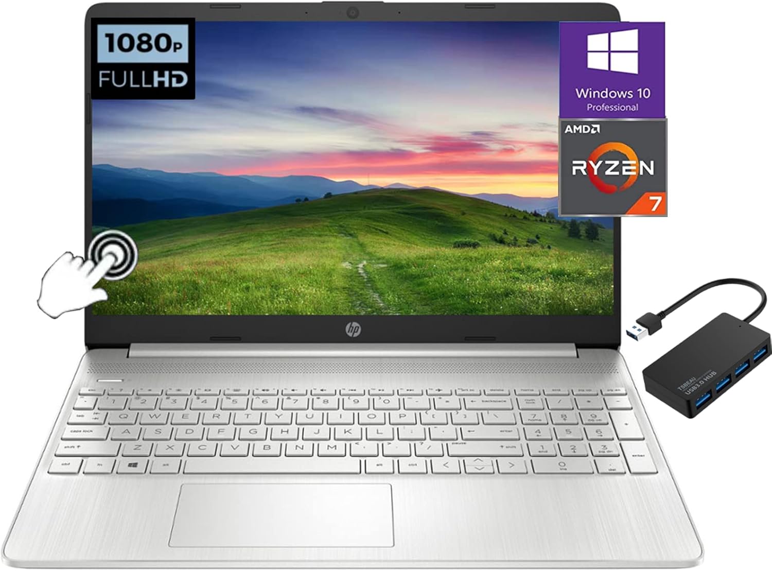 15.6" FHD Touchscreen Display Laptop, AMD 8-core R7-4700U, 32GB RAM 1TB SSD, Silver A653