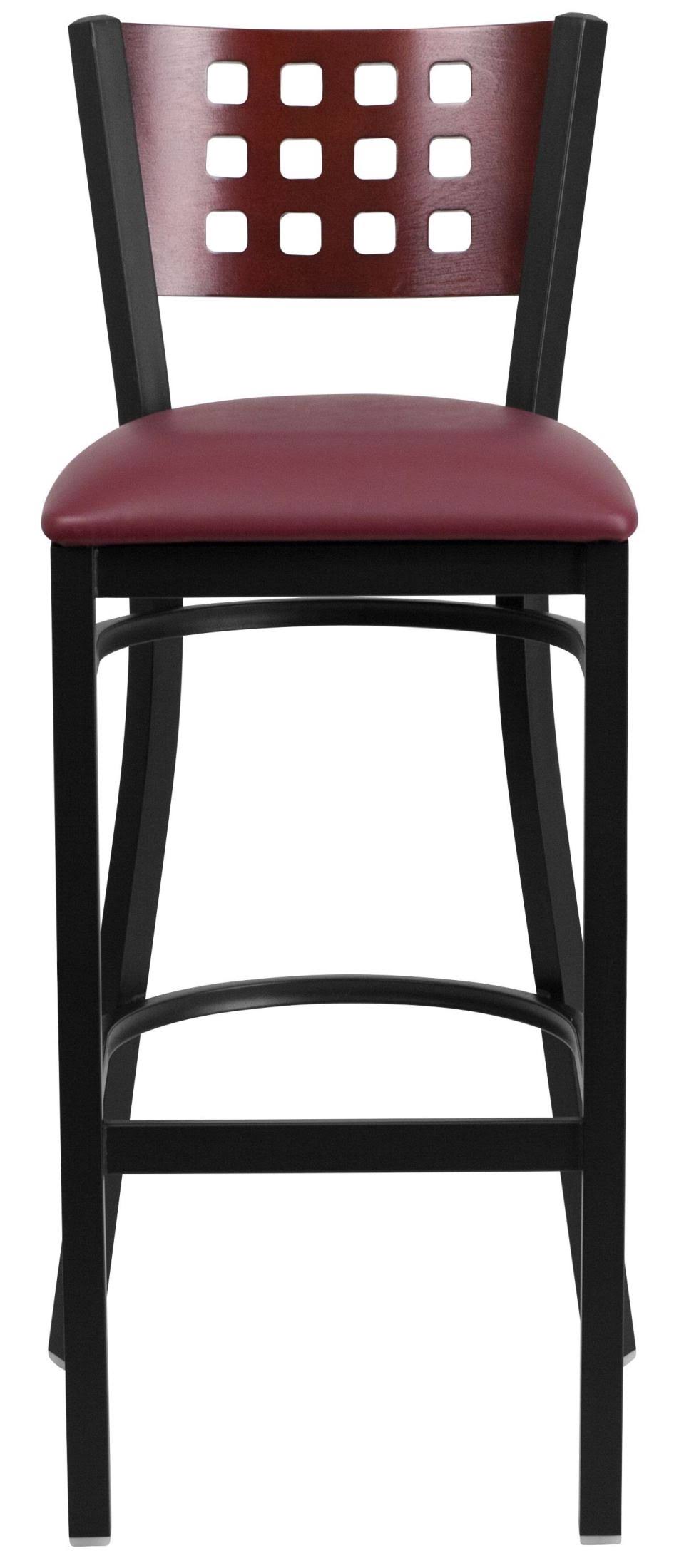 Black Cutout Back Metal Restaurant Barstool with Mahogany Wood Back and Burgundy Vinyl Seat C82438
