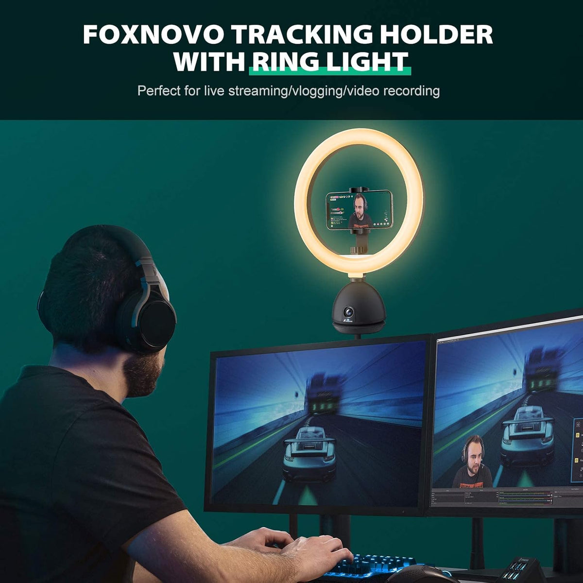 Auto Face Tracking Phone Holder with 10'' Selfie Ring Light and Tripod Stand Y108375