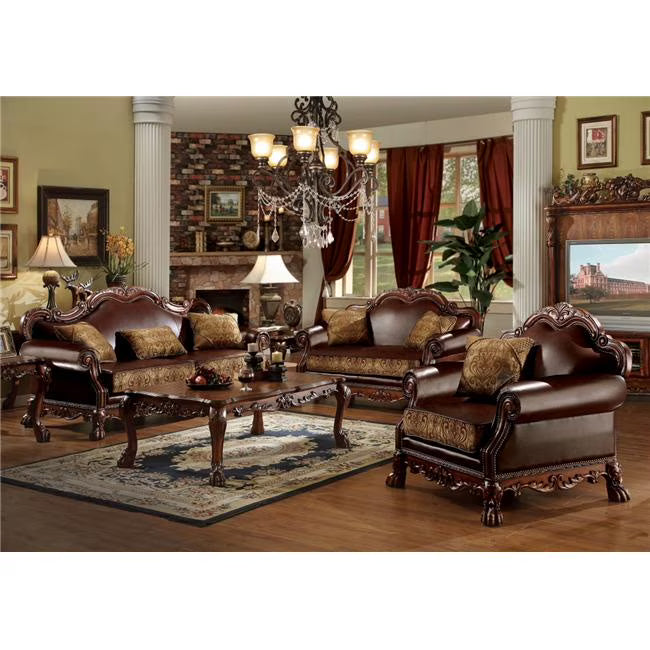 Brown PU & Chenille Sofa with 3 Pillows Q8518